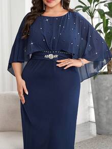 Reflora 大尺碼女款圓領珠飾優雅派對洋裝 - 藍色 - 查看 9