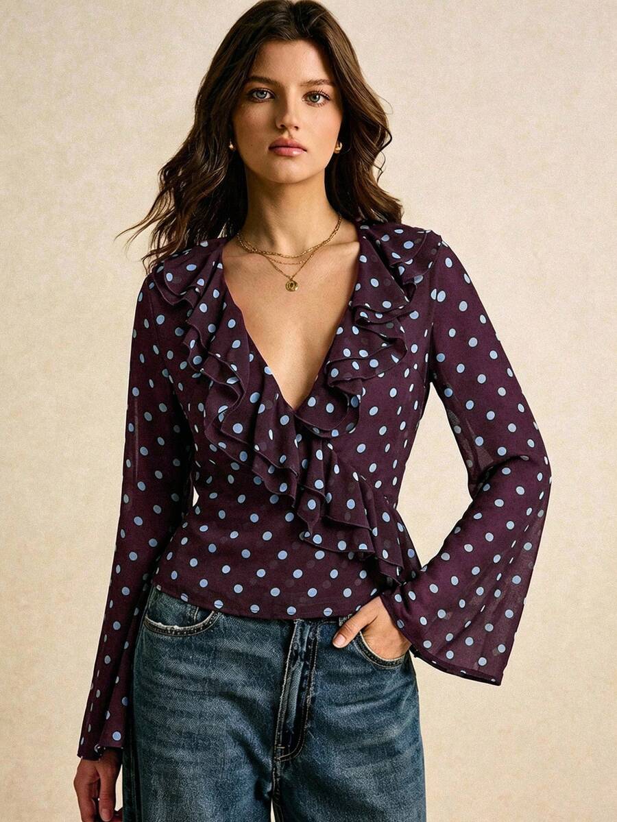 Poéselle Women's Polka Dot Print Elegant Ruffle Trim Fashion Blouse - Multicolor - View 1