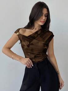 Firerie Women's Modest T-Shirts, Spring/Summer New Minimalist Elegant Daily Commute Date Night Asymmetric Shoulder Cross Wrap Metal Accessory Decor Slim Fit - Brown - View 9