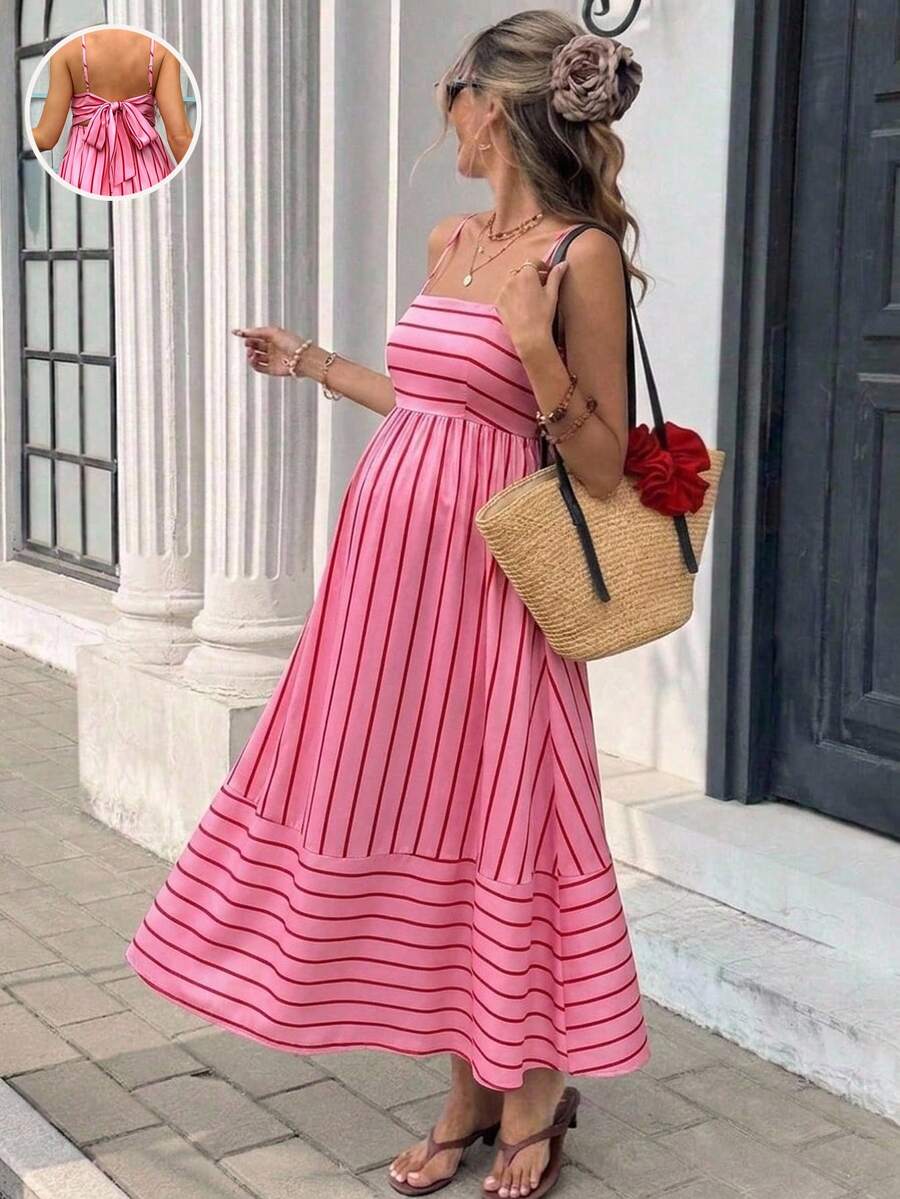 SHEIN Đầm bầu mùa hè thường ngày kẻ sọc hở lưng dây đeo - Hồng - Xem 1