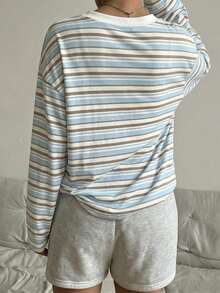 Sparklyn 青少年女孩 V 領長袖上衣，極簡條紋印花，校園穿搭，可愛，返校季，休閒，針織，極簡，寬鬆，秋冬穿搭 - 彩色 - 查看 6