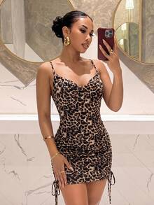 Slaydiva Summer Women's Leopard Print Spaghetti Strap Cowl Neck Backless Drawstring Ruched Fitted Mini Dress-E Club Beige Sexy - Multicolor - View 4