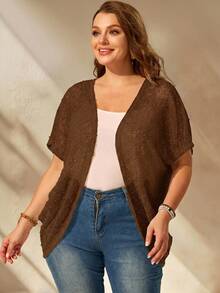 EMERY ROSE Chaqueta casual de talla grande para vacaciones con unicolor, dobladillo asimétrico y mangas de murciélago, primavera/verano - Marrón Chocolate - Ver 5
