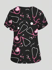 PopScrub 聽診器、心臟、字母圖案護士制服上衣，春夏季時尚V領短袖款式，雙口袋設計與側開衩工作服，女款可愛刷手服上衣，制服上衣，適用於醫院、美容院及各種機構 - 白色 - 查看 2
