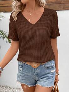 SHEIN Frenchy Camiseta casual de verano de unicolor con textura y patchwork - Marrón - Ver 5