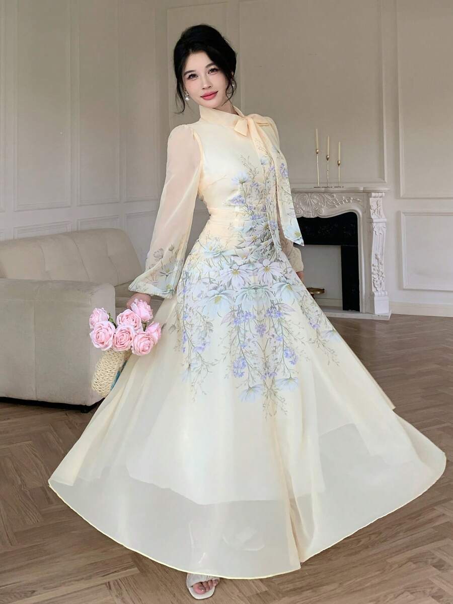 Modelyn 女款繫帶腰部抽褶印花長袖洋裝 - 黃色 - 查看 1