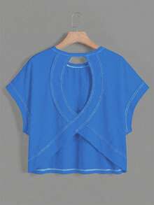SHEIN Essnce Women's Casual Round Neck Backless Asymmetrical Hem Loose Sleeveless T-Shirt, Suitable For Summer,Summer Top - Blue - View 2