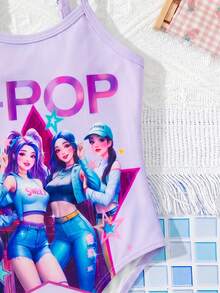 SHEIN 少女紫色 K-Pop 女團印花細肩帶連身泳衣，適合夏季海灘穿著 - 淡紫色 - 查看 9