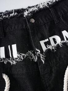 Paul Frank X SHEIN Men's Hip-Hop Design Cartoon Pattern Print Button Tie Frayed Denim Shorts - Black - View 3