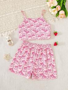 Bộ đồ ngủ 2 mảnh cho bé gái mùa hè, áo hai dây và quần short, họa tiết thỏ hoạt hình dễ thương, phong cách đơn giản thời trang, thoải mái, mát mẻ và ngọt ngào, chất mỏng trẻ trung, mặc ở nhà và dạo phố - Hồng - Xem 3