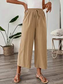 SHEIN PETITE CURVE Plus Size Solid Color Casual Versatile Long Pants For Vacation - Khaki - View 3