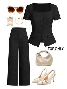 Ellevyn Plus Size Elegant Commuter Solid Color Front Button Shirt Party Vintage - Black - View 1