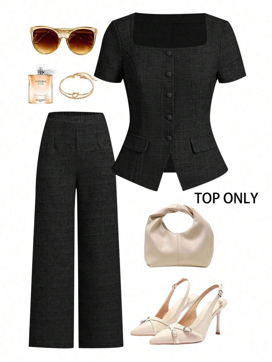 Ellevyn Plus Size Elegant Commuter Solid Color Front Button Shirt Party Vintage - Black - View 1