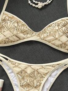 Bonvoyette 女款2件組夏季海灘比基尼套裝，刺繡亮片迷你罩杯雙肩帶上衣 & 雙繩泳褲，度假與游泳性感泳裝套裝 - 米色 - 查看 6