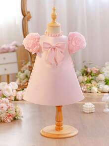 SHEIN Glamorique Kids 女嬰粉色正式禮服 3D玫瑰刺繡短袖洋裝，嬰兒生日禮服適用於婚禮、晚宴、派對、日常穿著、拍照、度假、夏季穿搭、派對穿搭指南 - 粉色 - 查看 4