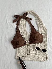 Swim Basics Women's Summer Beach Solid Color Knit Jacquard Fabric Shell Trim Halter Neck Back Tie Front Asymmetric Metal Decor Minimalist Fashion Casual Vacation Swimwear Top - Brown - View 1