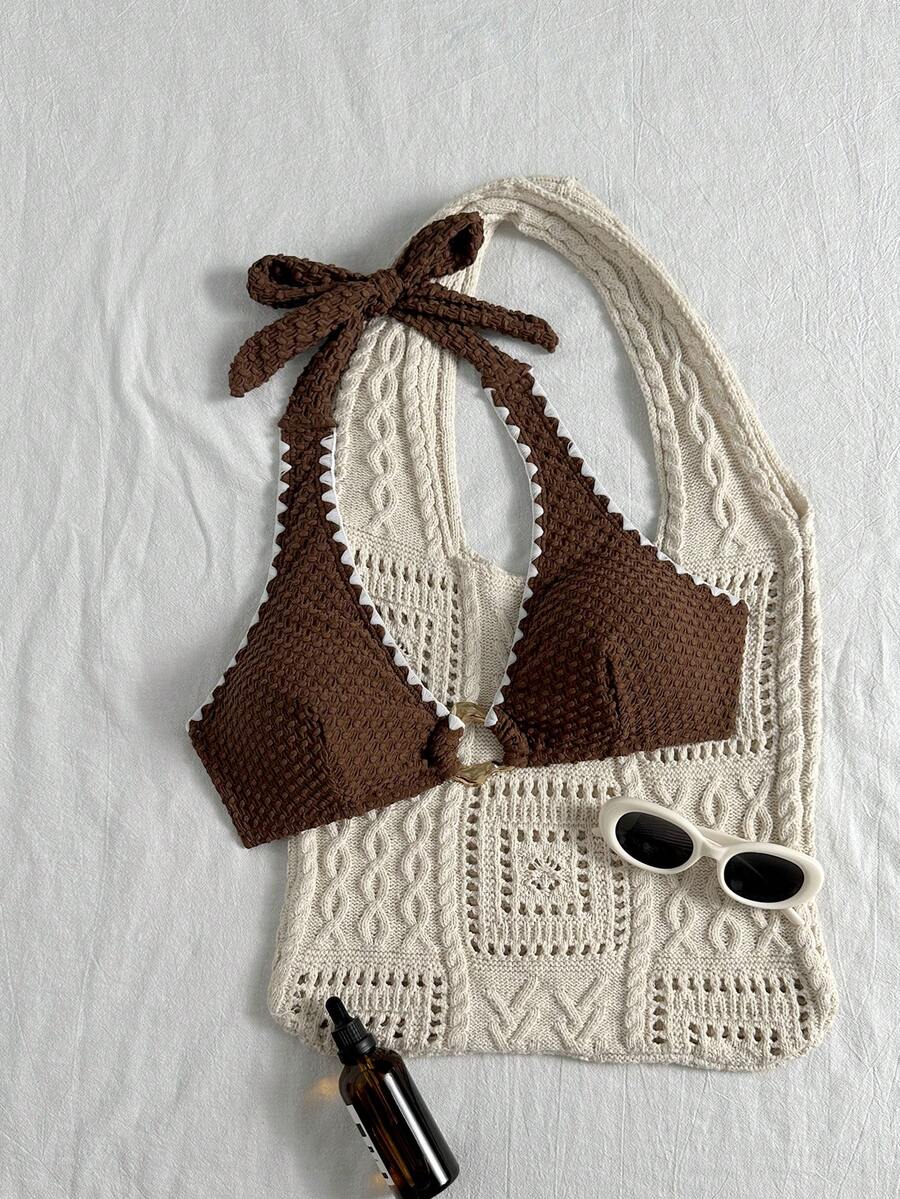 Swim Basics Women's Summer Beach Solid Color Knit Jacquard Fabric Shell Trim Halter Neck Back Tie Front Asymmetric Metal Decor Minimalist Fashion Casual Vacation Swimwear Top - Brown - View 1