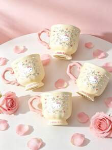HELLO KITTY AND FRIENDS | SHEIN 1 Stück Hello Kitty cremegelbe Keramik Tasse, einzigartige gedrehte rosa geschwungene Griff Fuß Kaffeetasse, Vintage Rahmen Engel Herz Flügel Muster Kawaii Trinkbecher, süße Milchtee Tasse für Mädchen, ideal für Zuhause Frühstück, Büro täglicher Gebrauch & Geburtstags-Feiertagsgeschenk - Verschiedenfarbig - Übersicht 5