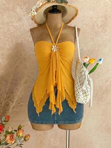 Soleia Women's Asymmetrical Hem Camisole With Seashell Decor, Suitable For Beach Vacation In Summer,Summer Top - Orange - View 3