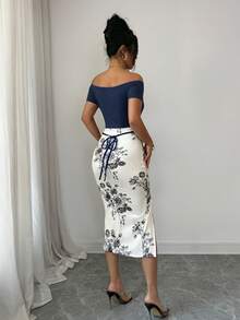 Elenzga Women's Vacation Floral Print Off-Shoulder Short Sleeve Side Slit Hem Elegant Midi Dress - Navy Blue - View 2