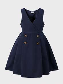 Back To School Season Girls' British Academy Style 2-Piece Dress Set, 4-7 Years Old Children's School Uniform, Peter Pan Collar Long Sleeve Shirt Paired With Elegant Bow Decor, Double-Breasted V-Neck Vest Dress Set, Girls' Spring/Summer Light Formal Piano Performance Outfit, Campus Choir Uniform, Stylish Everyday Princess Dress - Royal Blue - View 12