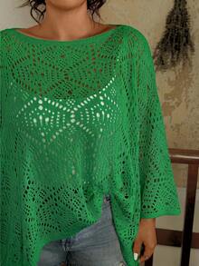 Travachic Plus Size Fashionable Solid Color Hollow Out Batwing Sleeve Sweater Autumn Winter Clothes For Women Fall - Green - View 8