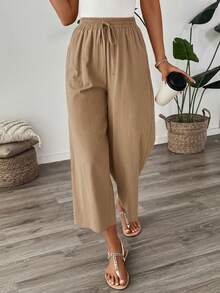 SHEIN PETITE CURVE Plus Size Solid Color Casual Versatile Long Pants For Vacation - Khaki - View 4