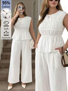 SHEIN LUNE 2pcs Plus Size Women Textured Pleated Top And Loose Casual Pants Set Vacation White Summer Formal - White - View 7