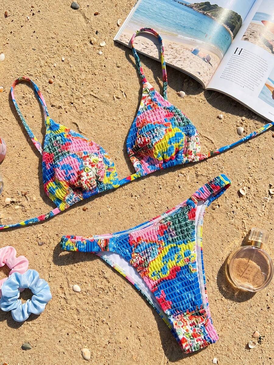 Swim Vcay Spring/Summer 2pcs Women's Beachwear Tropical Cute Sexy Vacation Beach Swimming Pool Party Blue Floral Halter Neck Backless Bikini Set - Multicolor - View 1