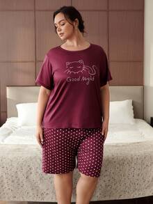 Slumbrini Pijama de mujer talla grande con estampado de gato, compuesto por camiseta de manga corta y pantalón de siete cuartos, color rojo, nuevo estilo de primavera/verano - Burdeos - Ver 3