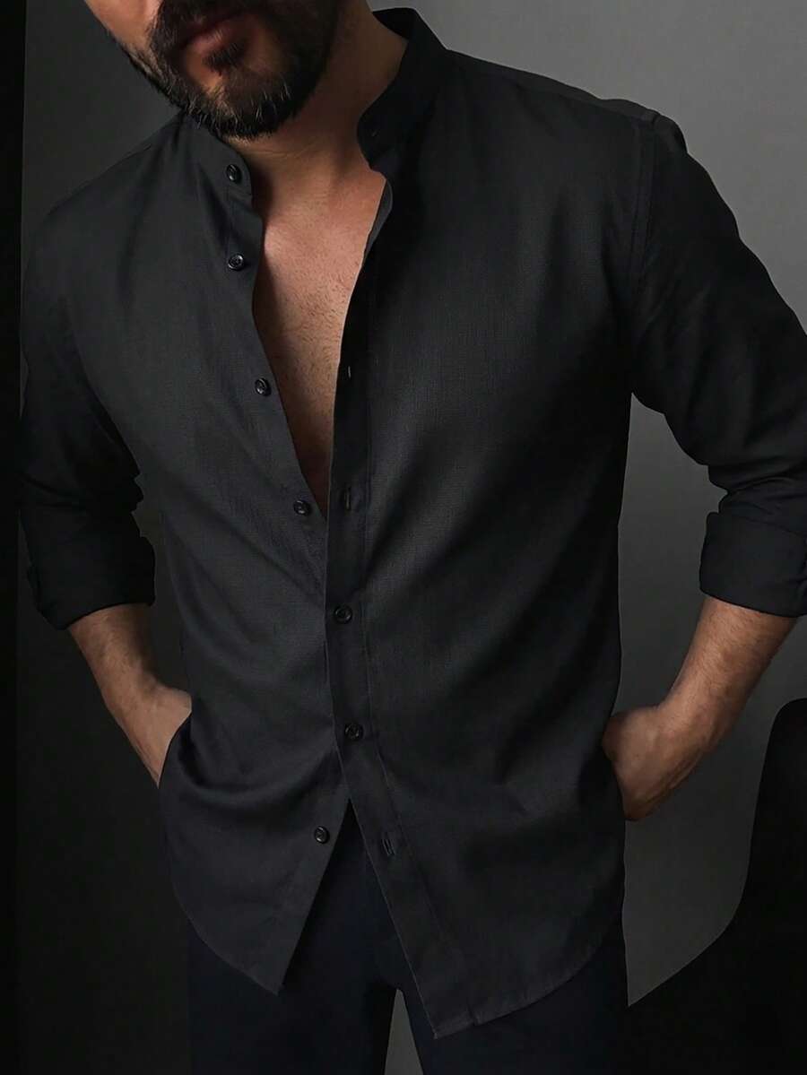 Manfinity Homme Men Stripe Print Button Front Casual Long Sleeve Shirt For Boyfriend Gift, For Fall Ceremony - Black - View 1