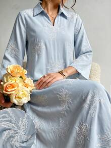 Al Najma 翻領鏤空刺繡休閒洋裝 - 藍色 - 查看 4