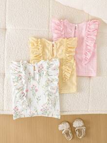SHEIN Playful Pals [女童甜美荷葉袖上衣]夏季新款嬰兒鏤空刺繡花卉無袖T恤兒童蕾絲外套背心多色可選 - 彩色 - 查看 2