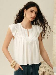 Breezaya Blusa da donna in misto lino e finta seta bianca, stile bohémien francese, vestibilità ampia e snellente, scollo a V, casual per uso quotidiano, top estivo a righe con pieghe e scollo a V per vacanze, abbigliamento estivo, per pendolarismo, blusa elegante - Bianco - Visualizzare 8