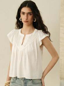 Breezaya Blusa da donna in misto lino e finta seta bianca, stile bohémien francese, vestibilità ampia e snellente, scollo a V, casual per uso quotidiano, top estivo a righe con pieghe e scollo a V per vacanze, abbigliamento estivo, per pendolarismo, blusa elegante - Bianco - Visualizzare 6