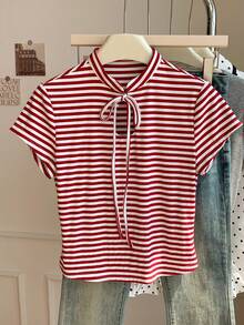 Comfortcana Camiseta de manga corta a rayas casual de verano para mujer - Rojo y blanco - Ver 5
