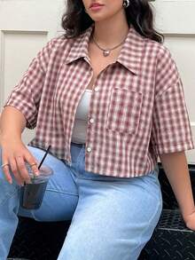 Solflare Plus Size Women's Plaid Single-Breasted Casual Versatile Daily Outing Shirt - Pink - View 5