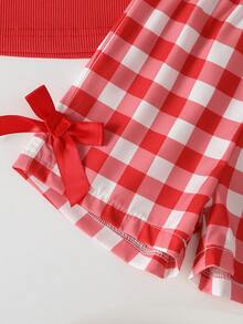 SHEIN Playful Pals BABY GIRL Summer Blue Set Textured Sleeveless Top Blue Plaid Shorts Decorated With Blue Bows Daily Outing Essential - Red and White - View 3