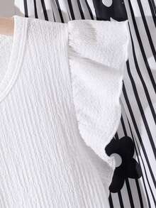 SHEIN Elladie kids 女童2件組針織紋理圓領短袖上衣與梭織印花直筒長褲，休閒度假風，適合春夏季日常穿著與度假 - 黑與白 - 查看 3