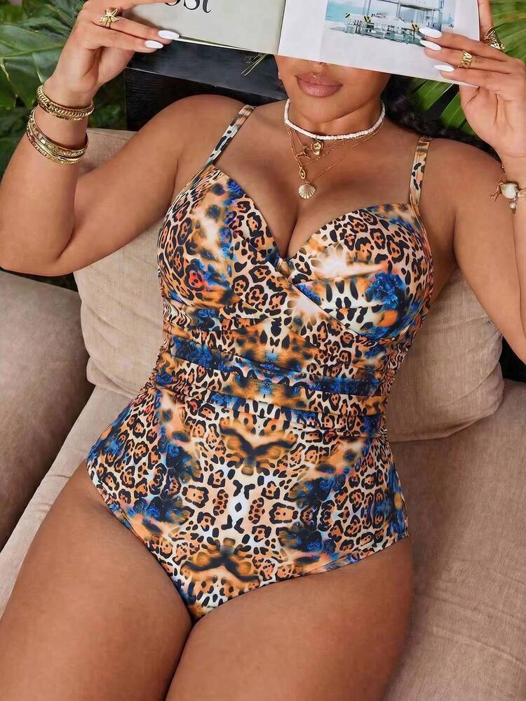 Swim Vcay Plus Size Women's One-Piece Random Print Casual Swimsuit - Coffee Brown - View 1