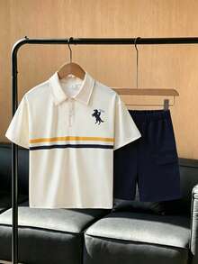 SHEIN 青少年男孩春夏季短袖長褲兩件套，時尚針織條紋動物印花 Polo 衫，休閒舒適大口袋長褲，戶外百搭男孩套裝 - 彩色 - 查看 3