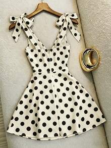 Franclia French Black And White Polka Dot V-Neck Bow Strap Waist-Defining Slimming A-Line Short Dress - Apricot - View 2