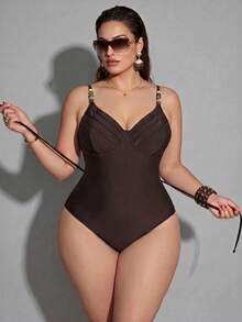 Shapewave Plus Size Women's Solid Color Beaded Detail Fashionable One-Piece Swimsuit Beach Brown Summer Sexy - Coffee Brown - View 6