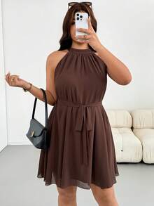 Shapeblank Plus Size Women's Spring/Summer Fashion Casual Loose Comfortable Daily Brown Chiffon Halter Neck Short Dress, Elegant, Minimalist Style, Vacation - Brown - View 3