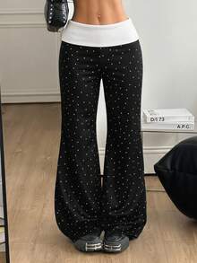 Coolane Women's Autumn Festival Renaissance Fair Streetwear Boho Vintage Y2K White And Black Polka Dot Graphics Stretchy 2in1 Turn-Down Trousers Flare - Black and White - View 2