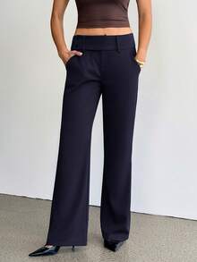 SHEIN Tall 女款時尚休閒優雅復古口袋喇叭褲，老錢風，商務辦公穿搭，返校季，海軍藍，秋季教師節 - 藏蓝色 - 查看 9