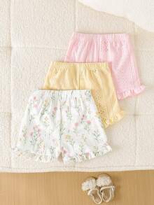 SHEIN Celana Pendek Musim Panas untuk Anak Perempuan, Bordir Berongga / Motif Bunga Kecil, Legging Ringan dengan Hem Bergelombang untuk Bayi, Gaya Serbaguna Multi-Warna - MultiWarna - View 3