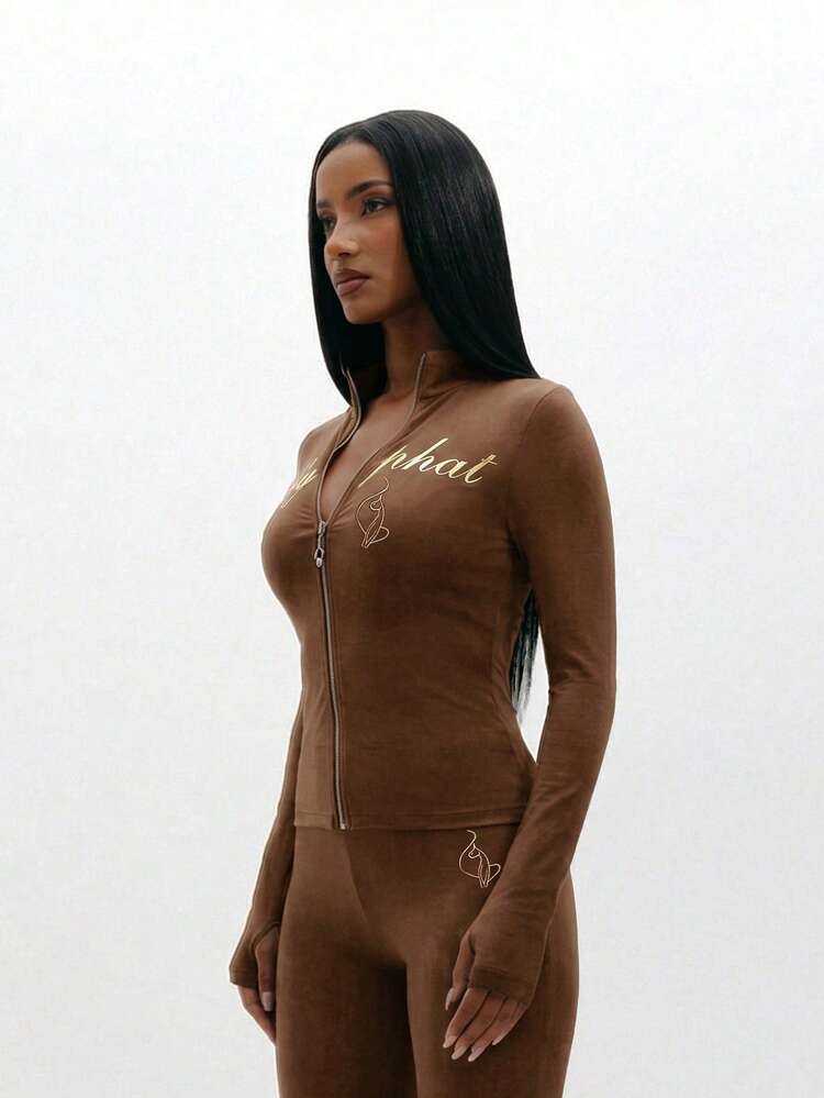 BABYPHAT High Neck Long Sleeve Jersey Zip Up Top With Glitter Print Detail