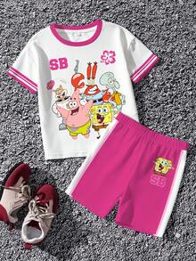 SpongeBob SquarePants | SHEIN Young Girl Cartoon Print Short Sleeve T-Shirt And Shorts Casual Set, - White - View 1