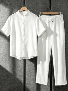 Teen Boy All White Mandarin Collar Long Sleeve Shirt And Casual Cute Teen Baggy Pants Set, Solid Outfit For Daily Wear, Outdoor, Prom Party Sixth Form - White - View 4